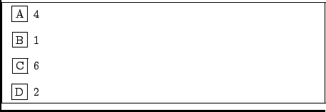 \fbox {\begin{minipage}{0.8\textwidth}%\begin{itemize}
\item[\fbox{A}] 4
\item[\fbox{B}] 1
\item[\fbox{C}] 6
\item[\fbox{D}] 2
\end{itemize}\end{minipage}%}