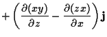 $\displaystyle + \left( \frac{\partial (xy)}{\partial z}
- \frac{\partial (zx)}{\partial x}\right) \mathbf{j}$